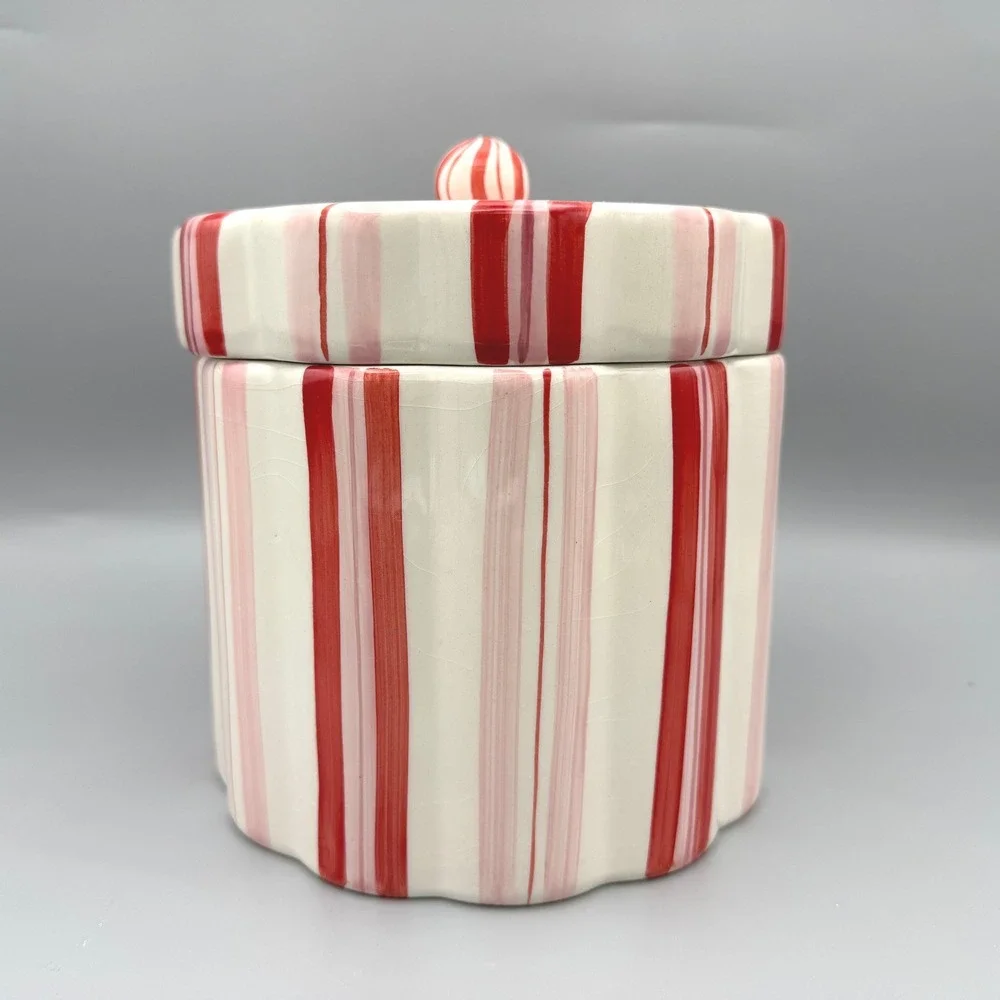 Jackson & Perkins Ceramic Canister Large Red Pink Striped Peppermint Lid